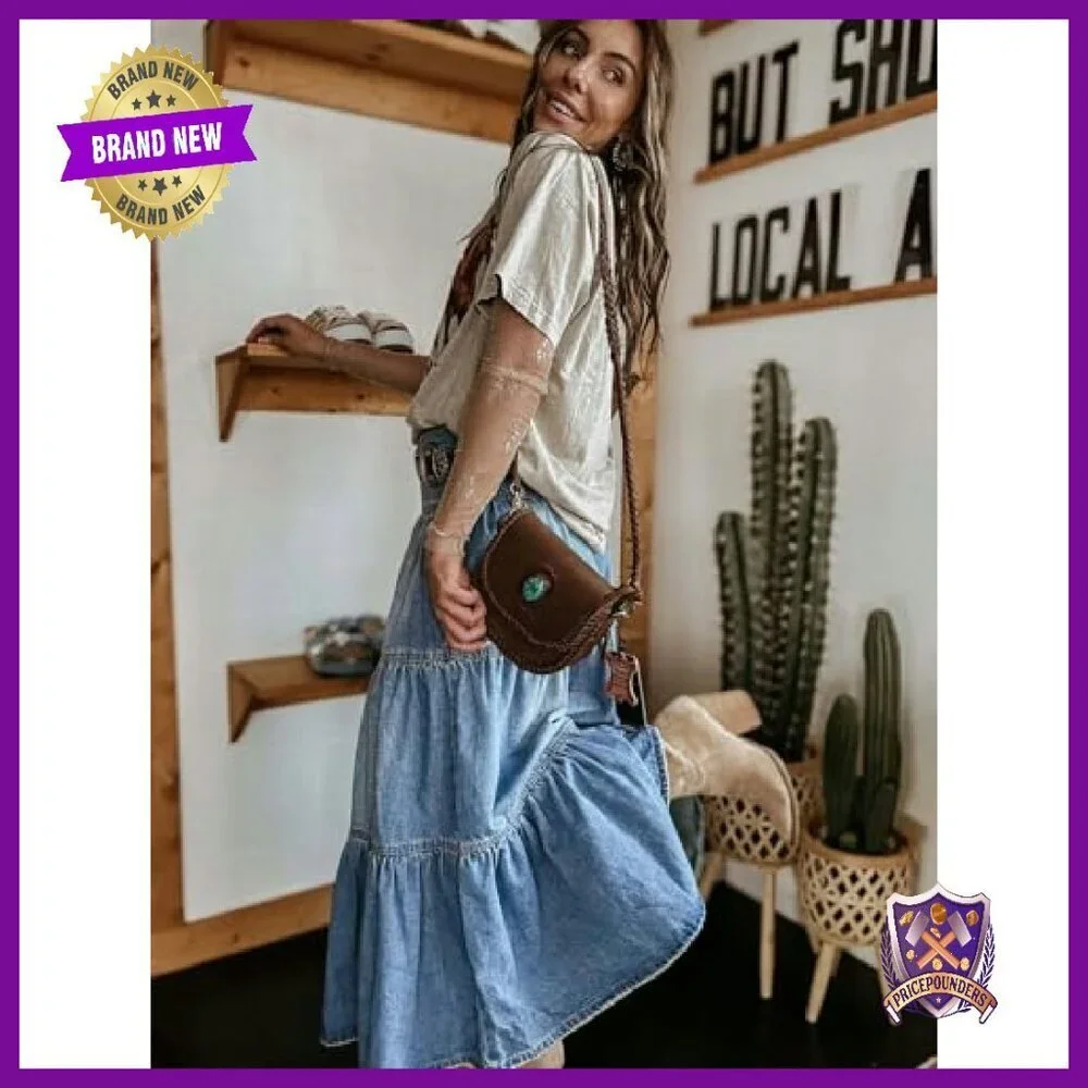High Waist Denim Maxi Skirt Button Fly Tiered Ruffle A-Line